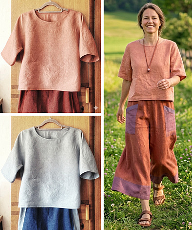  Damen-Kurzarmshirt aus Leinen 